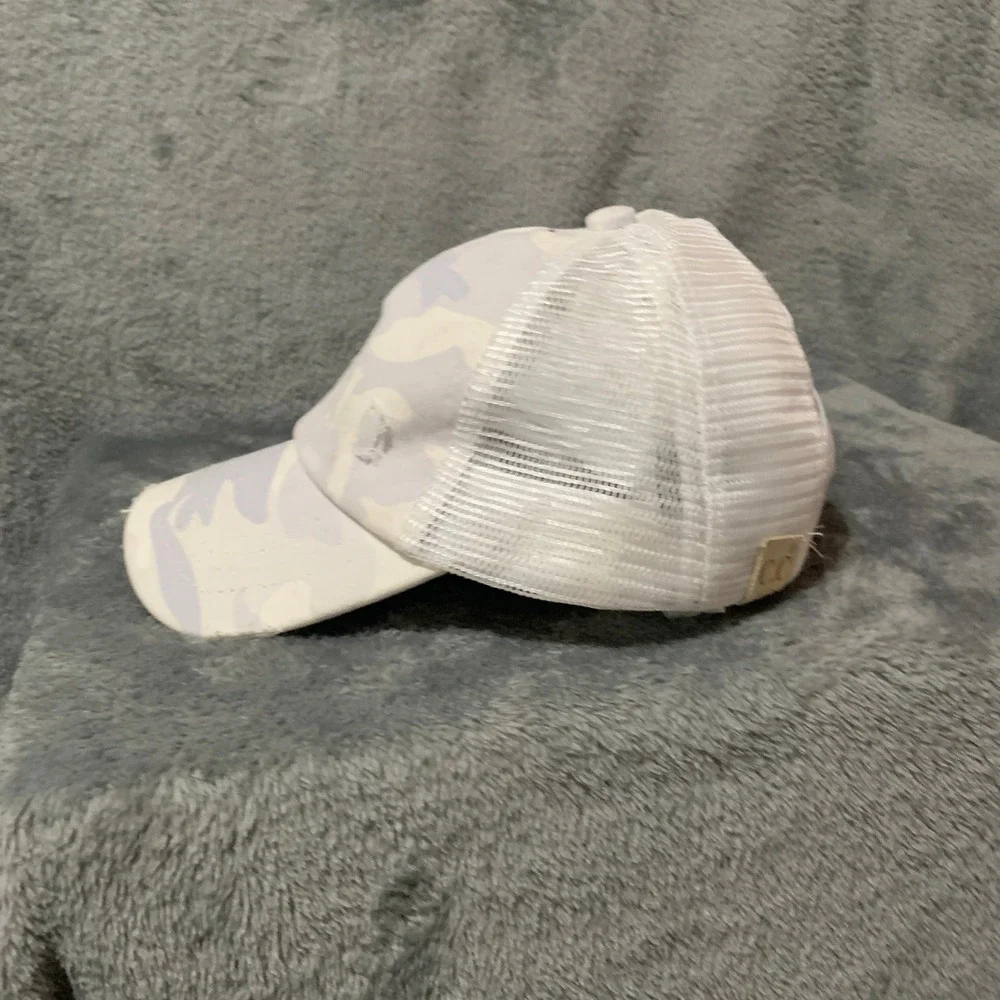 CC Girls Ponytail Trucker Hat Camo Grey White Distressed Mesh Back Messy Bun Cap